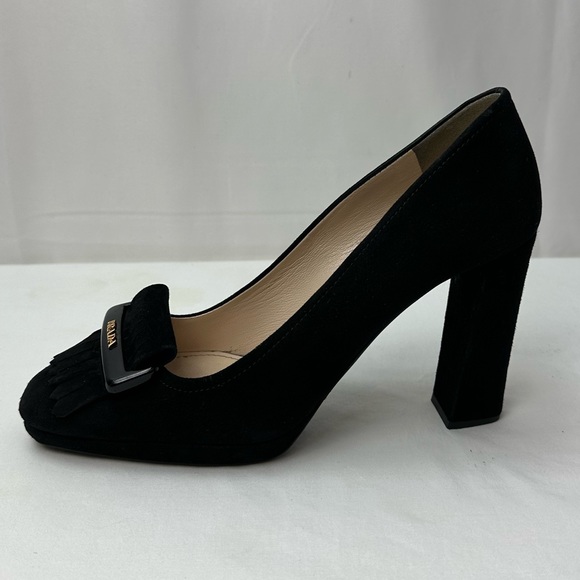 Prada Logo Black Suede Square Toe Block Heels Pumps size 38.5 - Picture 2 of 9